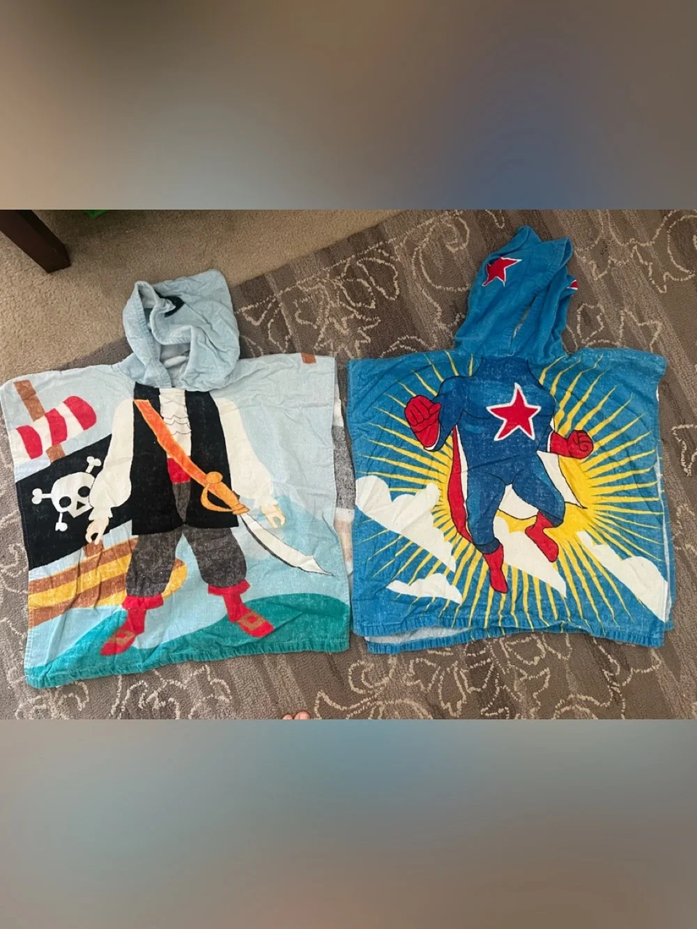 Kids Hooded Towel Poncho - Blue Superhero & Pirate Design